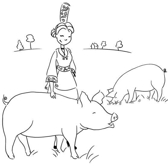 Dessin bigoudaine, prairie, cochons